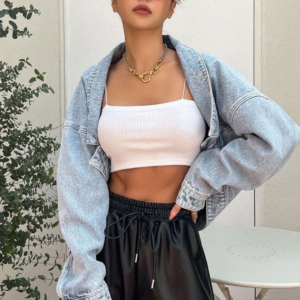 Blue Casual Womens Drop Shoulder Asymmetrical Hem Denim Jacket - Picture 5 of 5